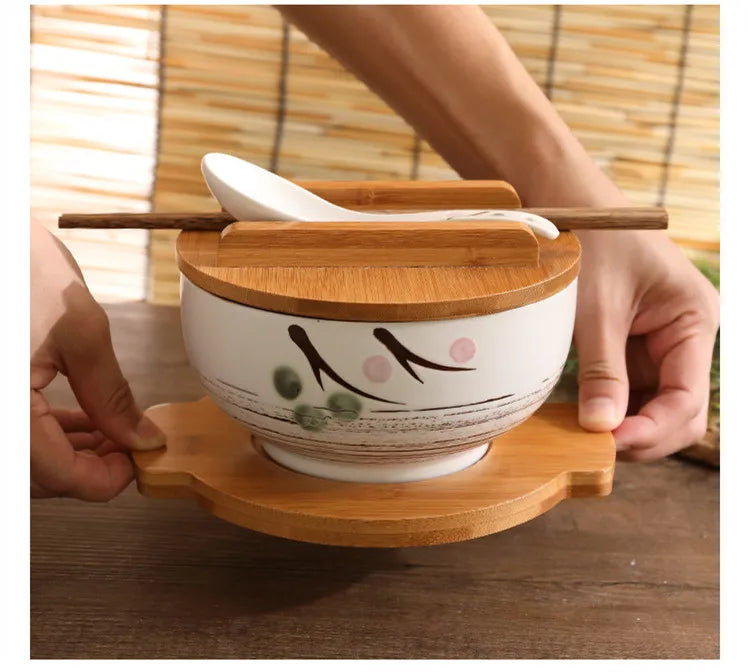 Takayama Ceramic Noodle Bowl Set with Lid, Spoon & Chopsticks