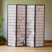 Kiyoshi 4-Panel Folding Wood Screen Divider in Smoke Black and Cherry Blossom