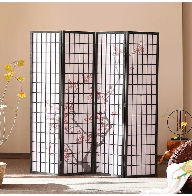 Kiyoshi 4-Panel Folding Wood Screen Divider in Smoke Black and Cherry Blossom