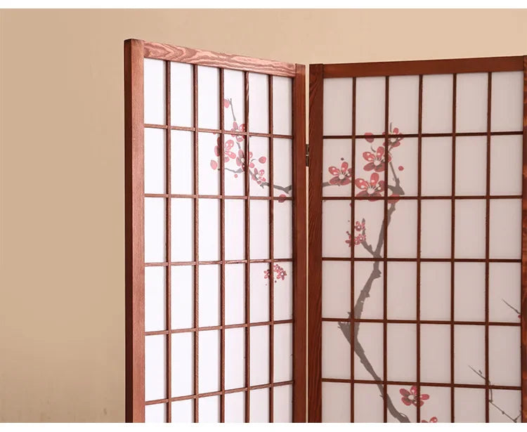 Kiyoshi 4-Panel Folding Wood Screen Divider in Walnut Cherry Blossom