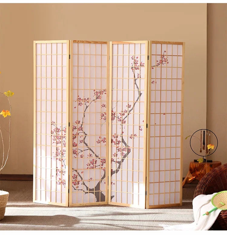 Kiyoshi 4-Panel Folding Wood Screen Divider in Bamboo and Cherry Blossom