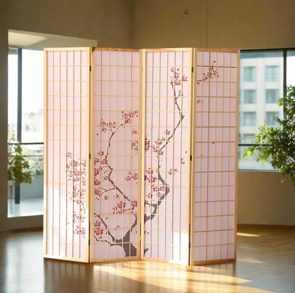 Kiyoshi 4-Panel Folding Wood Screen Divider in Bamboo and Cherry Blossom