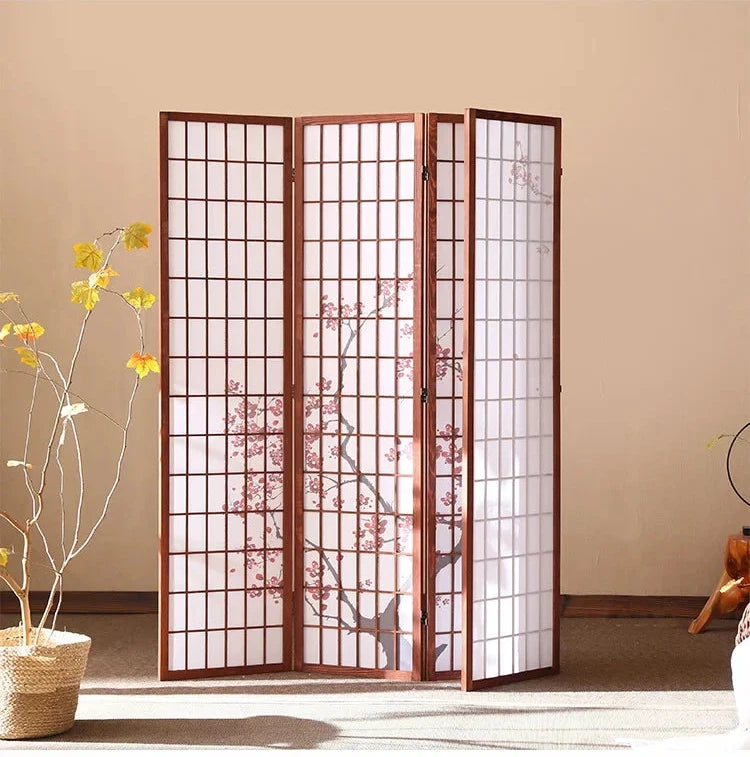 Kiyoshi 4-Panel Folding Wood Screen Divider in Walnut Cherry Blossom